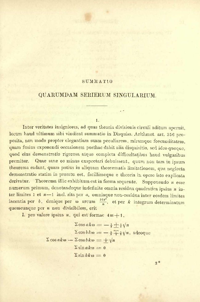 first page of Gauss's Summatio quarumdam serierum singularium
