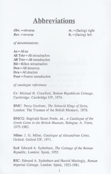 photo of page  of Abbreviations, listing coin denominations, and major catalogues used for comparison and reference