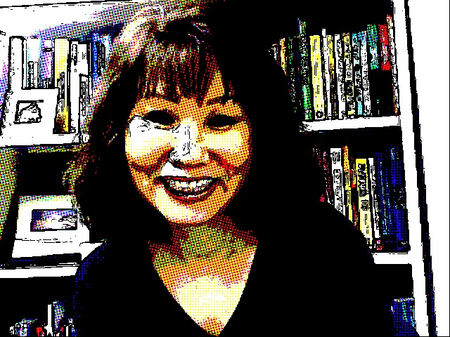 Dr. Shrake in her office, photographed in comic book style.