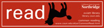 Red bookmark with silhouette of upside down black dog. Text: "READ" with CSUN wordmark and URLs for Oviatt Library and CSUN's Common Reading Program.