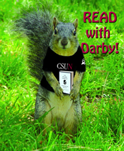 Darby the CSUN squirrel reads "The Glass Castle" while wearing his CSUN t-shirt