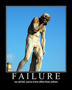 Michelangelo's David, comically refigured as a despondent man with this caption: FAILURE: we all fail, some more often than others.