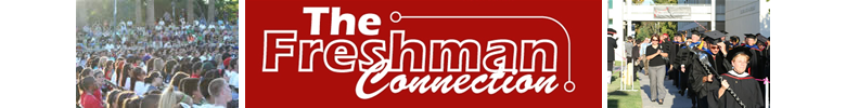 Freshman Connection banner with Matty reading and Convocation crowd shots
