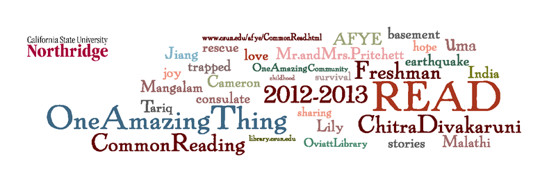 Bookmark shows a word cloud made up of names, programs, and themes in _One Amazing Thing_ at CSUN.