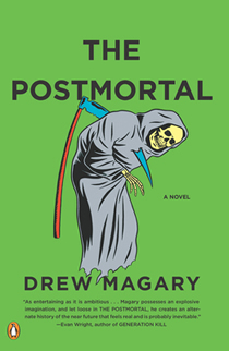Cover of The Postmortal shows the hooded figure of Death impaled on his own scythe.