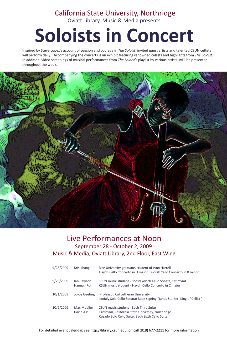 Glamorous woman in a red evening gown, playing cello, against  background of vivid blue, purple, and green abstract leaves.  Photo highlighted to mimic chalk drawing.