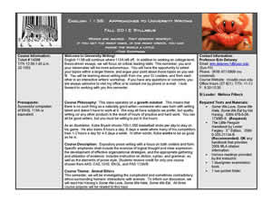Page one of Stretch Composition syllabus with engaging visual elements including photos of a zebra against a UPC bar code and lips reimagined as a crab.