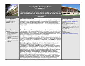 Page one of U100 syllabus with photos of CSUN sign and Oviatt Library.