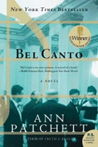 Cover of "Bel Canto;: men in evening dress with a woman in an evening gown inside a villa.