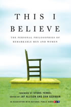 Cover of "This I Believequot;:green wooden chair on a platform in a field of grass 