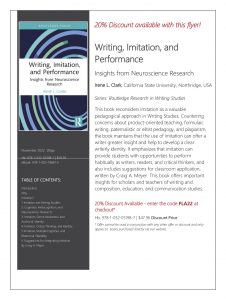 Flyer for Dr. Clark's Writing, Imitation, and Performance with discount code, use FLA 22 for 20% off at Routledge website.