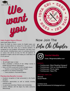 Flyer announcing details of how to join Sigma Tau Delta - read the in-text description for parallel details.