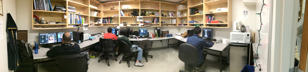 A photograph of undergraduate and graduate students hard at work in the Garrett group computer laboratory. 