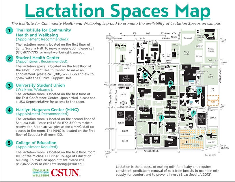 Map of CSUN showing the different spaces that provide lactation