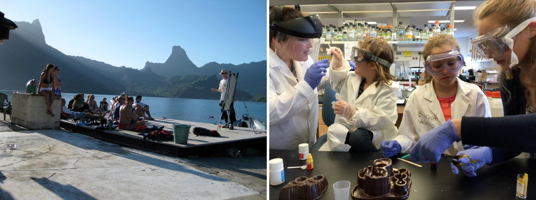 Double image with left showing students on a dock and right showing students in a research lab.