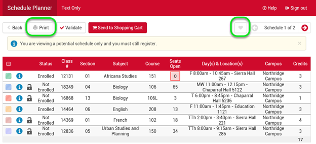 View schedule detail screen with print and save favorites buttons.