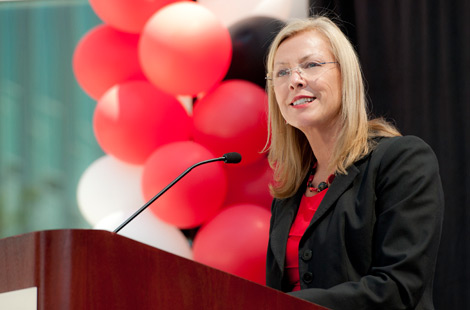 Photo of CSUN President Dianne F. Harrison giving a speech.