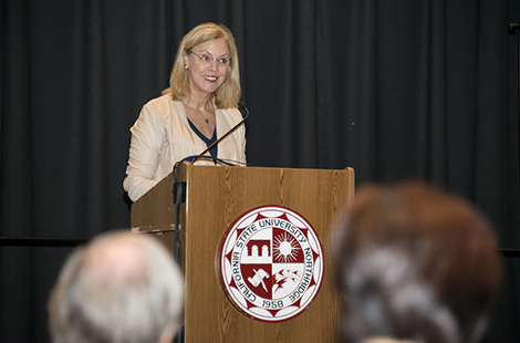 President Dianne F. Harrison speaks at Faculty Retreat
