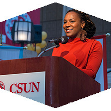Bree Newsome delivers her speech at CSUN freshman convocation. 