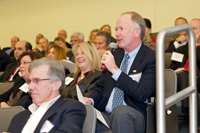 Jim Gorman (front), Cindy Griffeth ’78,  Alumni Association Associate Director Shellie Hadvina ’90, MPA ’98, and Task Force on Engagement member Bill Griffeth ’80.