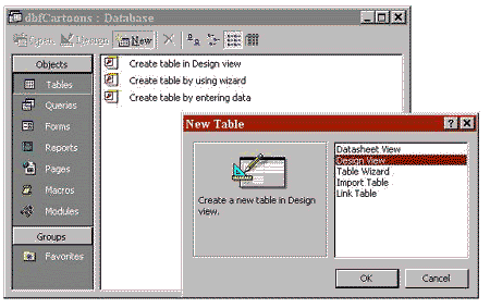 Dialog boxes showing Tables choice and New Table options