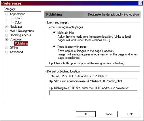 Composer Publishing Preferences Dialog Box