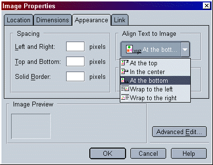 Appearance tab of the Image Properties dialog box