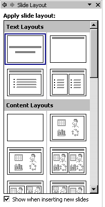 Task pane showing slide layout choices