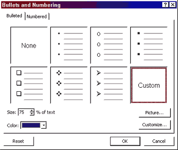Bullet style selections