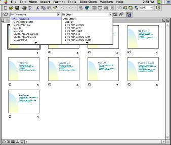 Screen capture showing drop-down menus for Transitions and Builds
