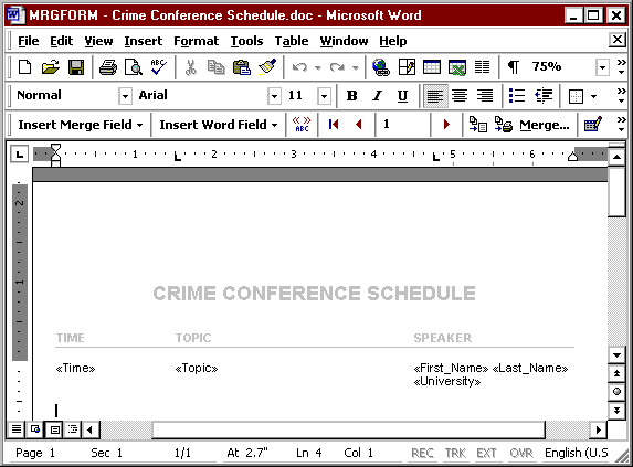 Word Window with Main Document Text and Merge Fields