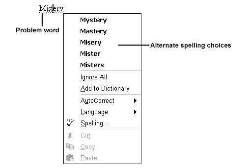 Misspelled word (mistery) with alternate spelling choices (including mystery)