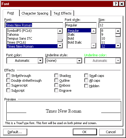 Font dialog box selections