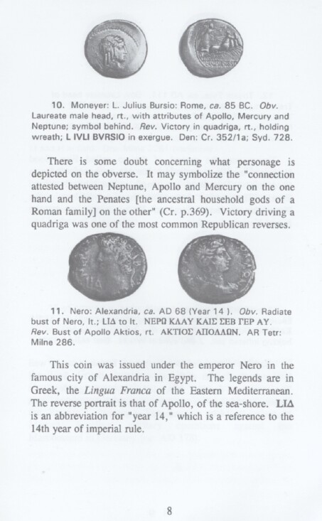 coins of Victory (L. Junius Bursio) and Apollo of Actium (Nero at Alexandria)