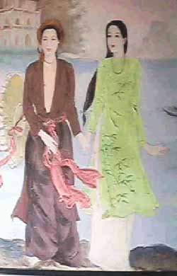 Picture of two Vietnamese women from the North and the South holding hands in Hue, Central Vietnam.