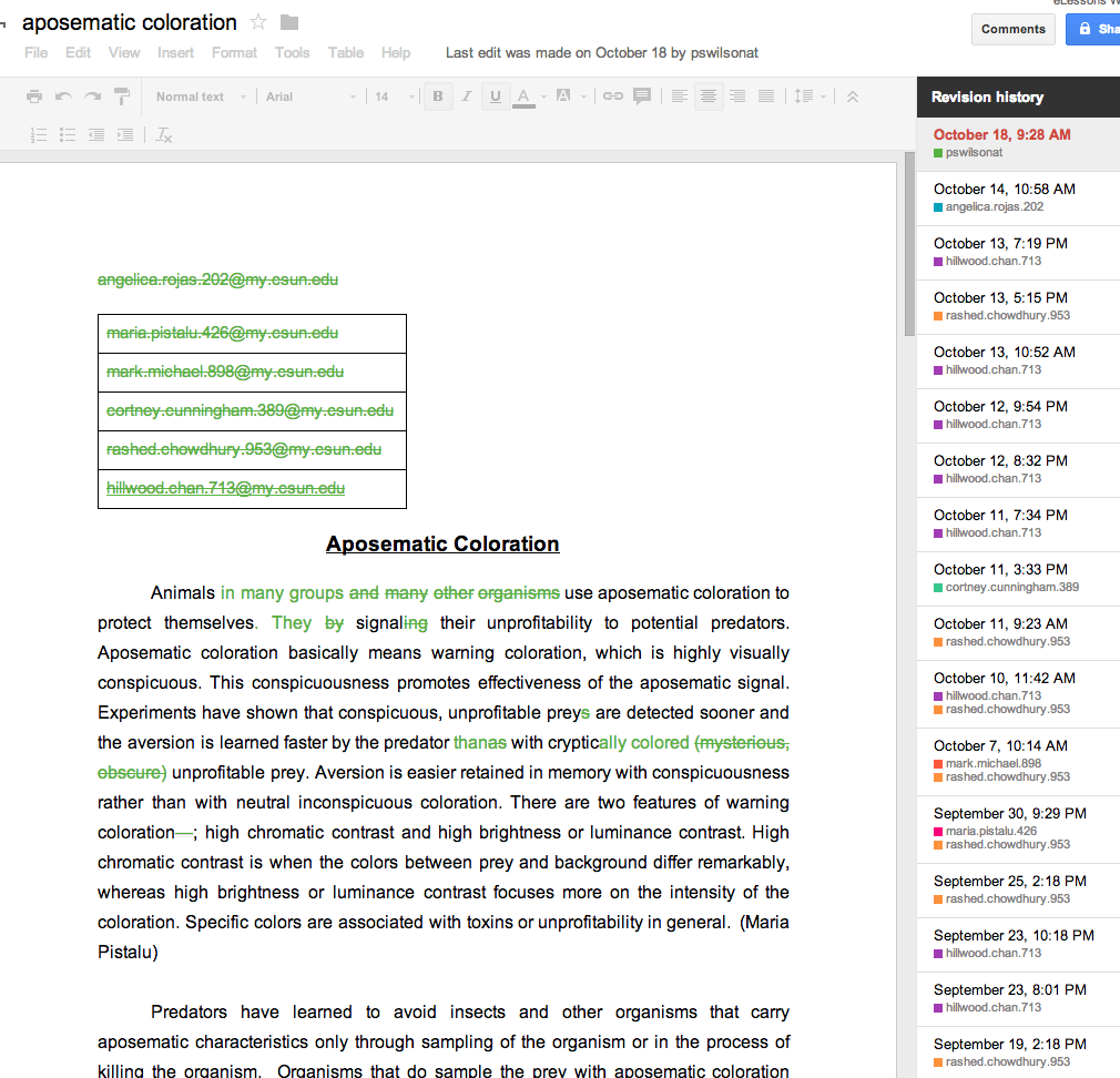 Google docs showing revision history