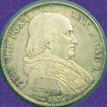 link to page concerning Pope Pius VIII; image of  a coin of Pius VIII