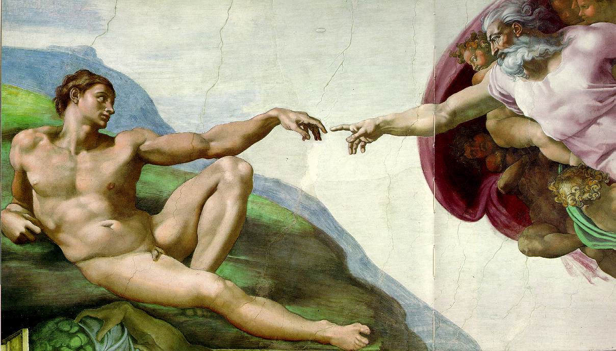God and Adam, touching fingers, by Michelangelo