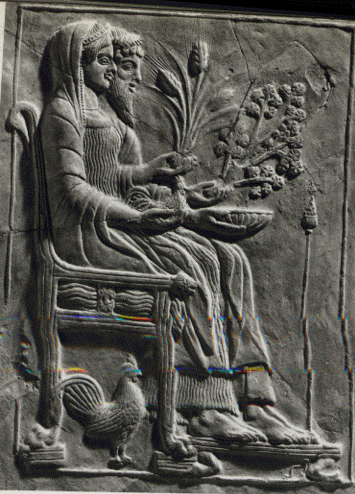 Hades and Persephone, seated on thrones, with offerings