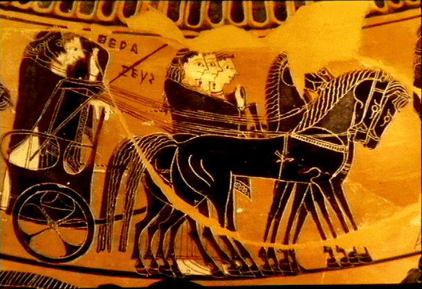 Zeus and Hera, in a chariot, from a Greek vase