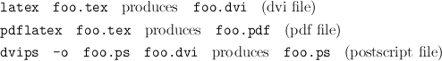 latex   foo.tex   produces   foo.dvi   (dvi file)

pdflatex   foo.tex    produces   foo.pdf   (pdf file)
dvips   -o  foo.ps    foo.dvi   produces   foo.ps   (postscript file)
