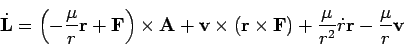 \begin{displaymath}
\dot{{\bf L}} = \left(-\frac{\mu}{r}{\bf r} + {\bf F}\right...
... F}) +\frac{\mu}{r^2} \dot{r} {\bf r}
-\frac{\mu}{r} {\bf v}
\end{displaymath}