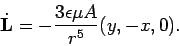 \begin{displaymath}
\dot{{\bf L}} = -\frac{3\epsilon\mu A}{r^5} (y, -x, 0)
.
\end{displaymath}