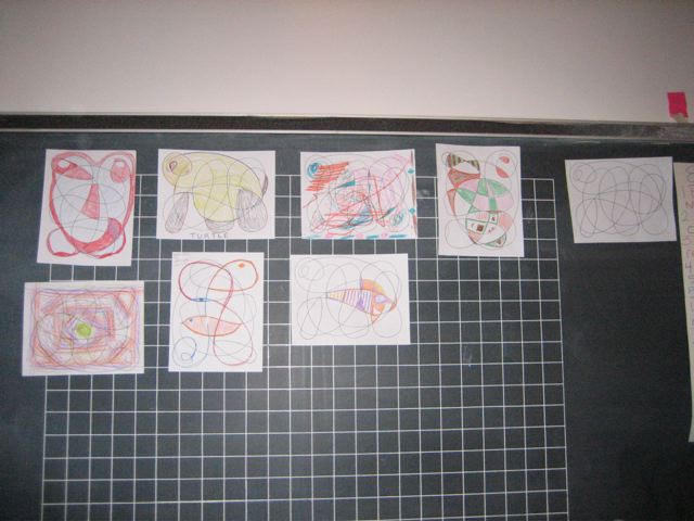 the class drawings up on the board