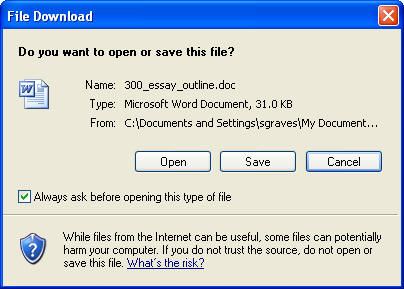 Figure 1: image depicting file download prompt window in Microsoft Word.  The response prompt reads: Do you want to open or save this file?  Options given include "Open", Save and Cancel, as well as a warning about opening files that might contain a computer virus. 