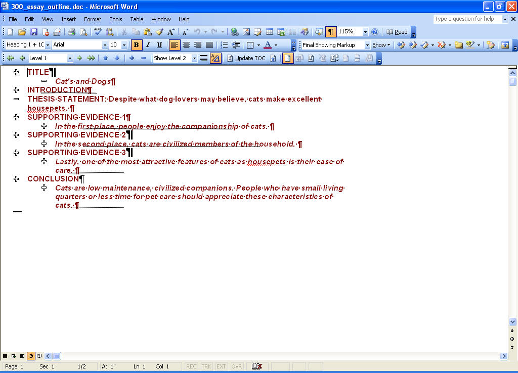 Figure 3: Screen capture of Microsoft Word file showing what the page looks like when the user hides supporting information, leaving only the main points, in the form of topic sentences, visible on screen.
