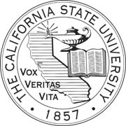 The CSU Seal: The California State University, 1857. Vox Veritas Vita. The circular seal contains the shape of the state, a lit lamp and an open book.