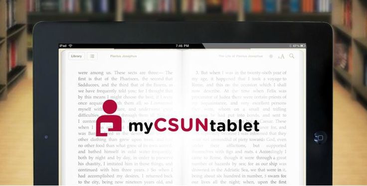 myCSUNtablet logo on an iPad with books in the background
