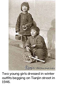 Two young girls dressed in winter outfits begging on Tianjin street in 1946. 