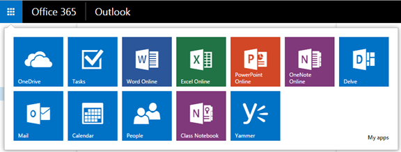 Screenshot of the apps available in Office 365. 